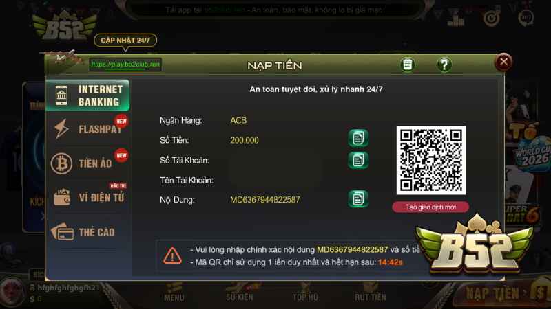 Hướng dẫn nạp rút tiền B52 Club qua ngân hàng và ví điện tử